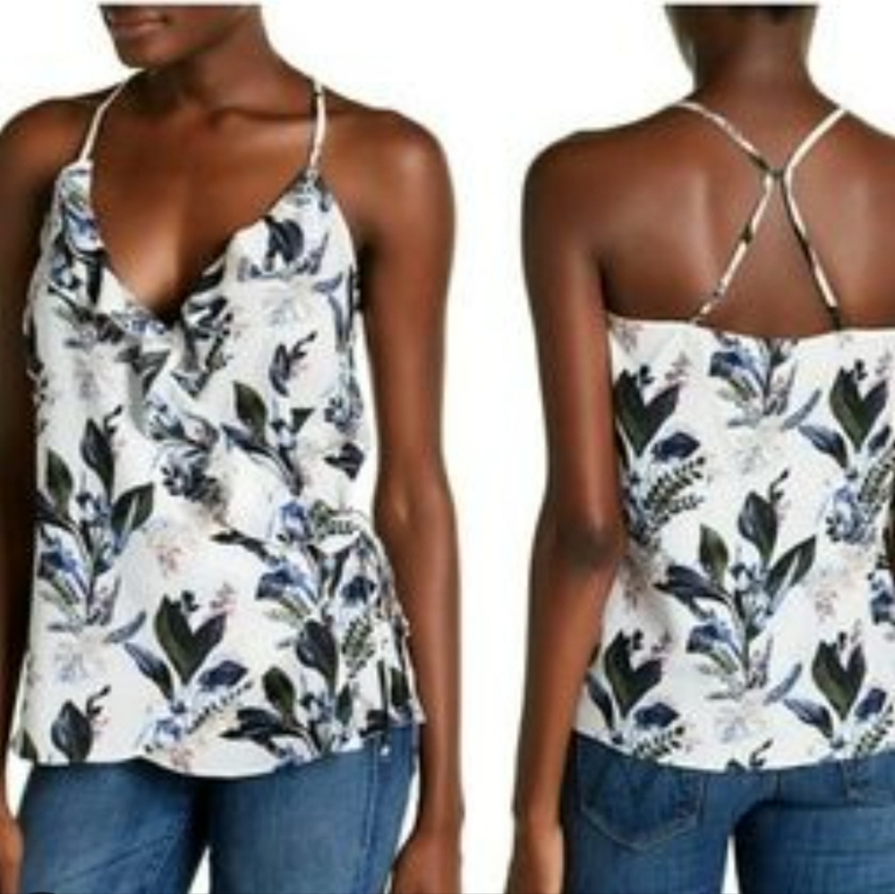 14th & Union Blue Romantic Floral Flutter Detail Wrap Camisole Top
